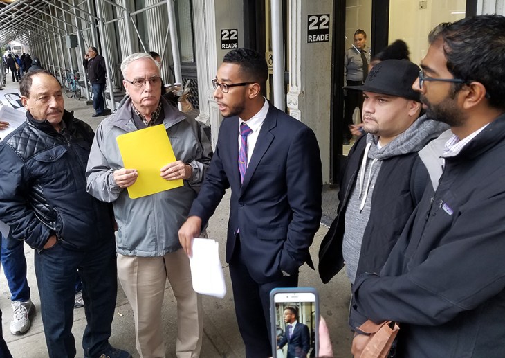 Councilman Antonio Reynoso (center) thanks and supports community leaders and residents waiting to enter the Department of City Planning (DCP) hearing on the rezoning the Rabsky-Pfizer lots. Also pictured (l to r) Ray Narvaez, Vice Chairman Southside United HDFC-Los Sures; David Dobosz, St. Nicks Alliance Board Member; Juan Ramos, Chuches United for Fair Housing; and Shekar Krishnan, Brooklyn Legal Services Corp. A